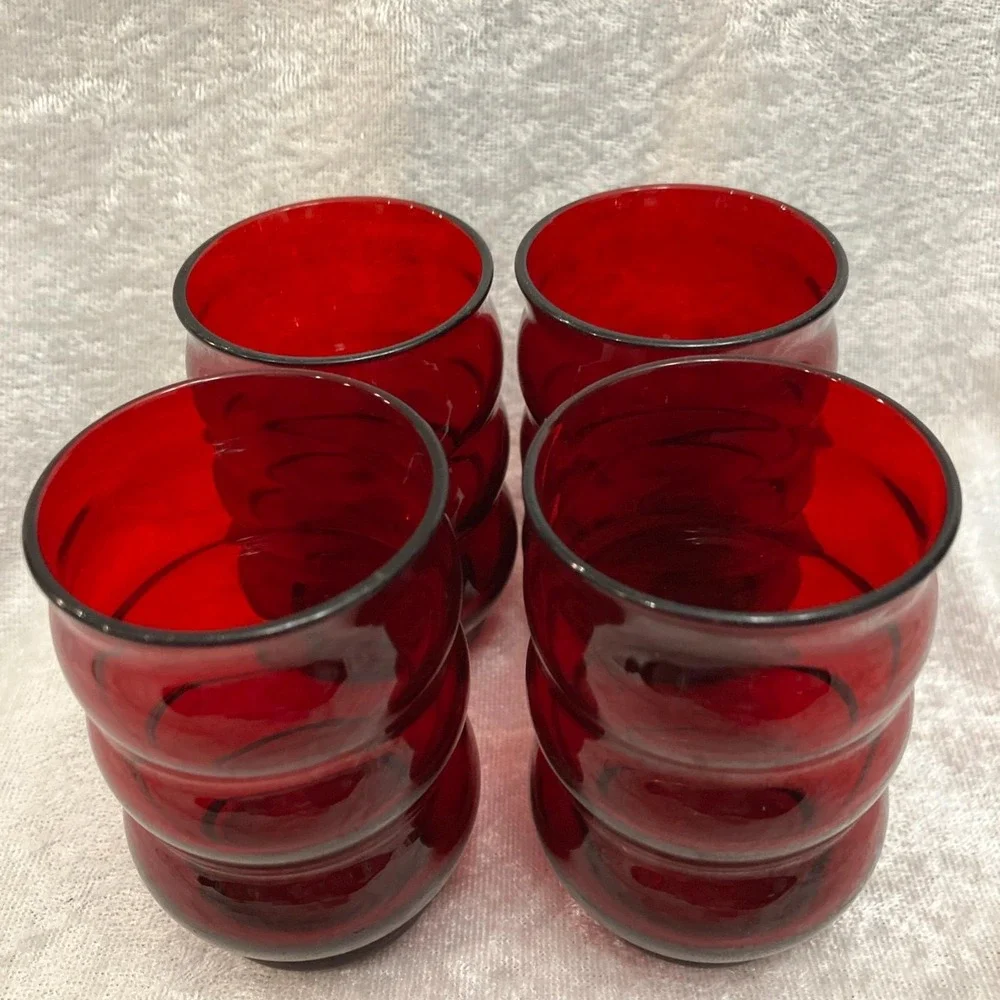 Anchor Hocking Royal Ruby Red Bubble Whirly Twirly 6oz Drinking Glasses (4) VTG